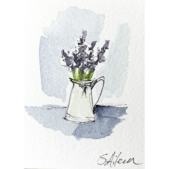 Other - ACEO Painting Watercolor Ink Lavender Purple Flower in Vase Botanical IV Signed
